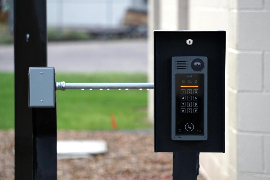 Commercial access control system with key card reader installed at secured building entrance