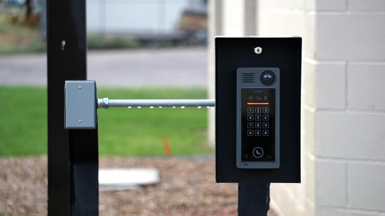 Commercial access control system with key card reader installed at secured building entrance
