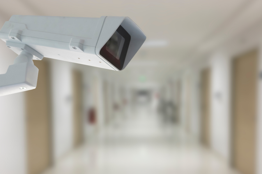Healthcare security integration using access control, video surveillance, and alarm systems in a modern medical facility.